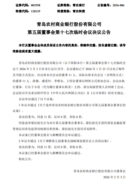 青农商行：选举梁衍波为董事长