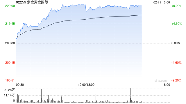 黄金股午后持续走高 紫金黄金国际及万国黄金集团均涨超8%