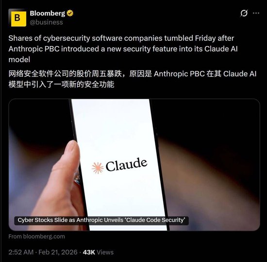 一夜变天？Claude出手，网络安全股集体“血洗”！全球百亿市值已蒸发