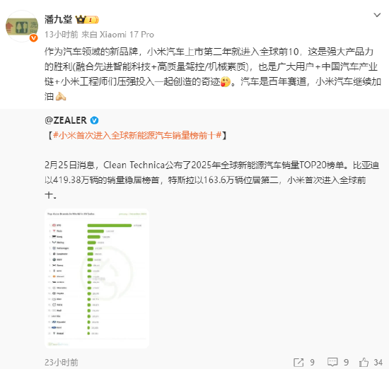 小米首次进入全球新能源汽车销量榜前十，潘九堂：这是强大产品力的胜利