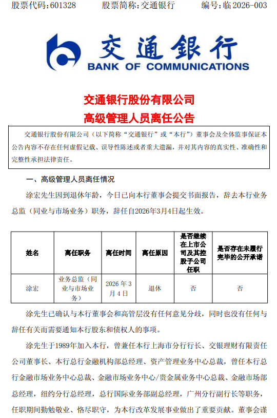 交通银行：业务总监涂宏因退休离任