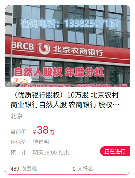 真实价值还是噱头？10万股北京农商行起拍价低至188元