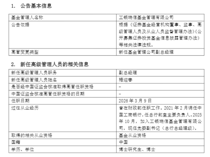 工银瑞信基金迎新副总经理 曾于财政部任职
