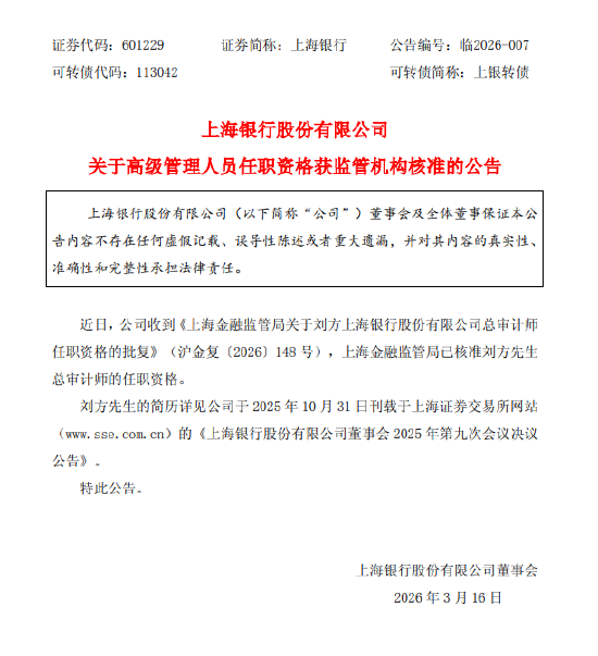 上海银行：刘方总审计师任职资格获监管机构核准