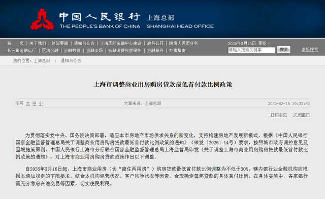上海:调整商业用房购房贷款最低首付款比例为不低于30%