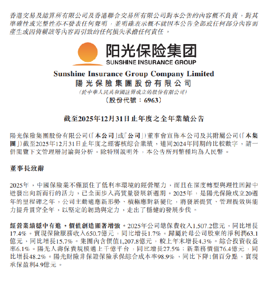 阳光保险:2025年归母净利润63.1亿元 同比增长15.7%