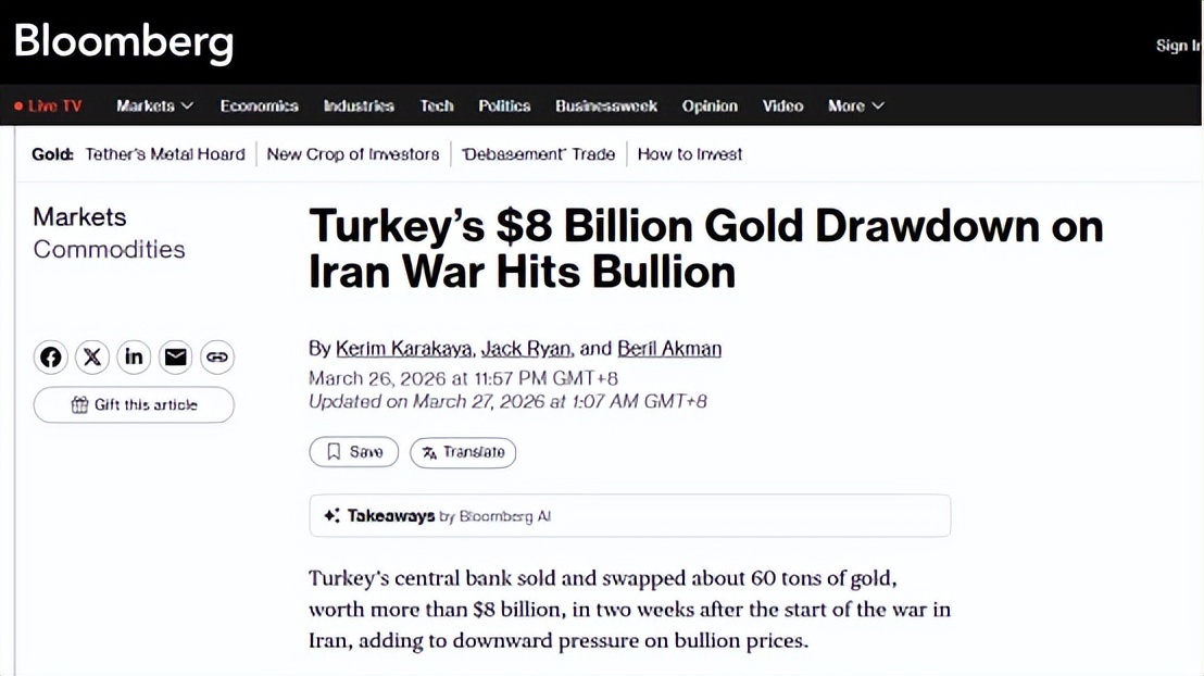土耳其央行两周抛售约60吨黄金 价值80亿美元