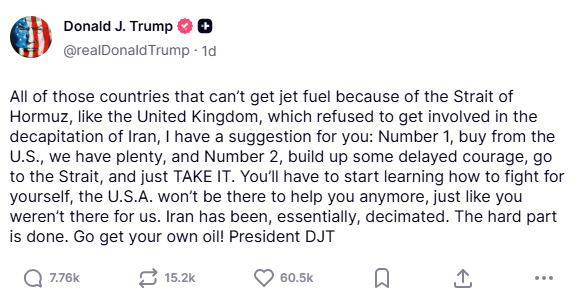 特朗普卖油表态遭分析师反驳：美国并没有那么多航空燃油！