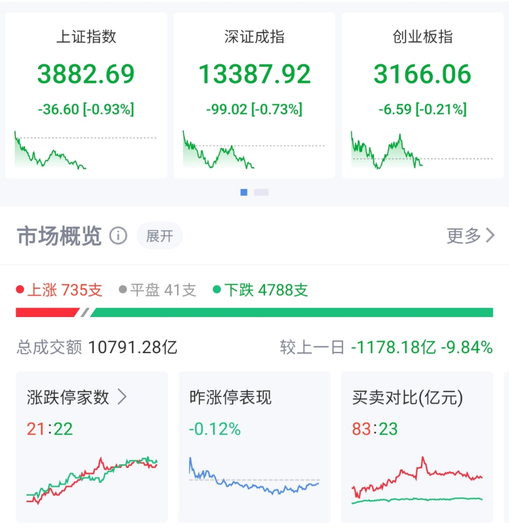 A股高开低走，超4700只个股下跌，沪指跌近1%，再度失守3900点关口，科技主线逆市反击