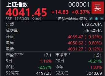 沪指震荡攀升，半日上涨0.37%巩固4000点