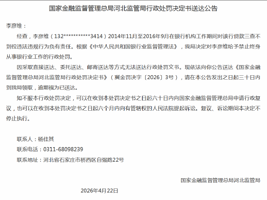 一银行从业人员因对机构贷款三查不到位违法违规行为负有责任 被终身禁业银行业