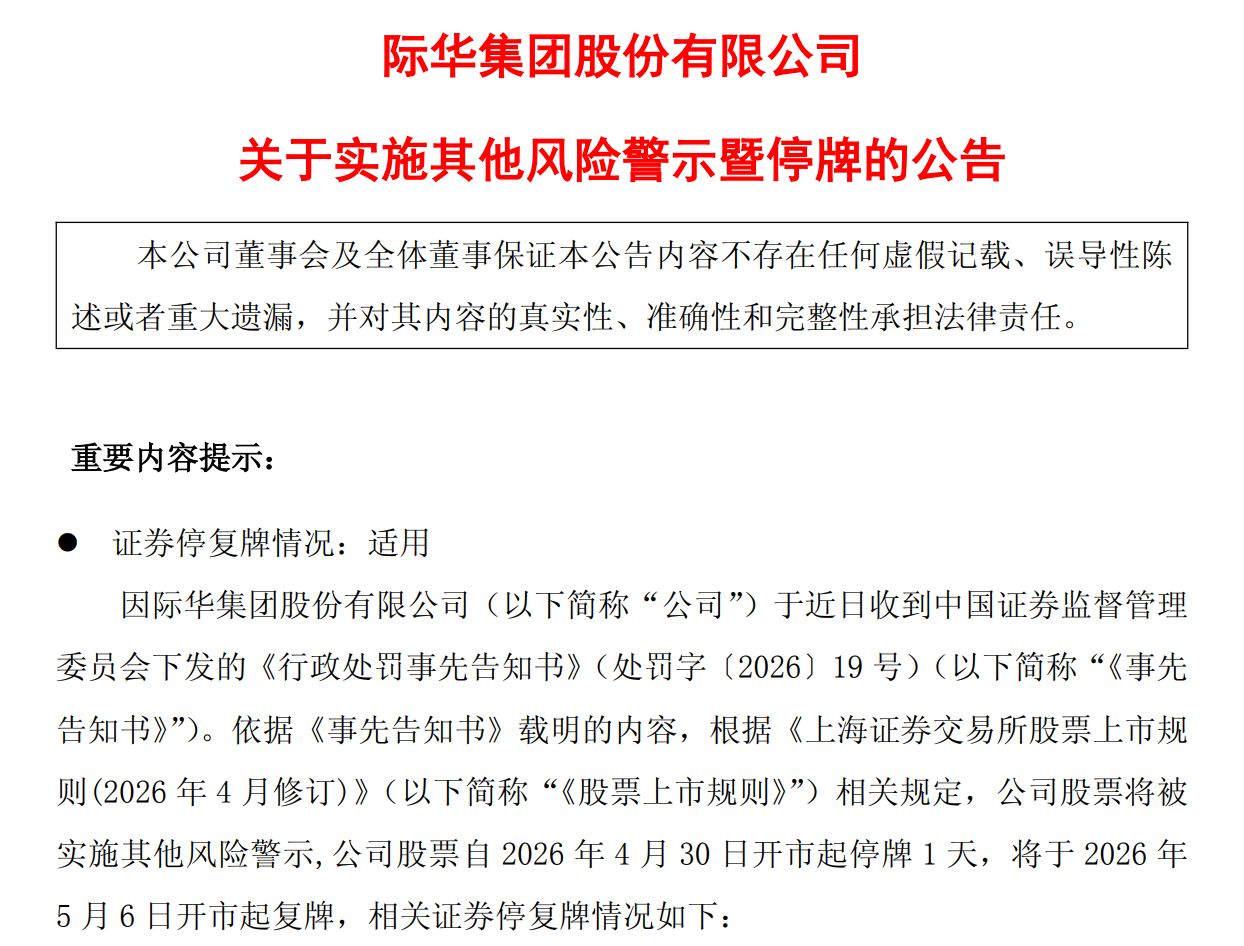 连续四年财务造假！际华集团及13名相关责任人拟被开出逾2000万元罚单，股票5月6日起“戴帽”