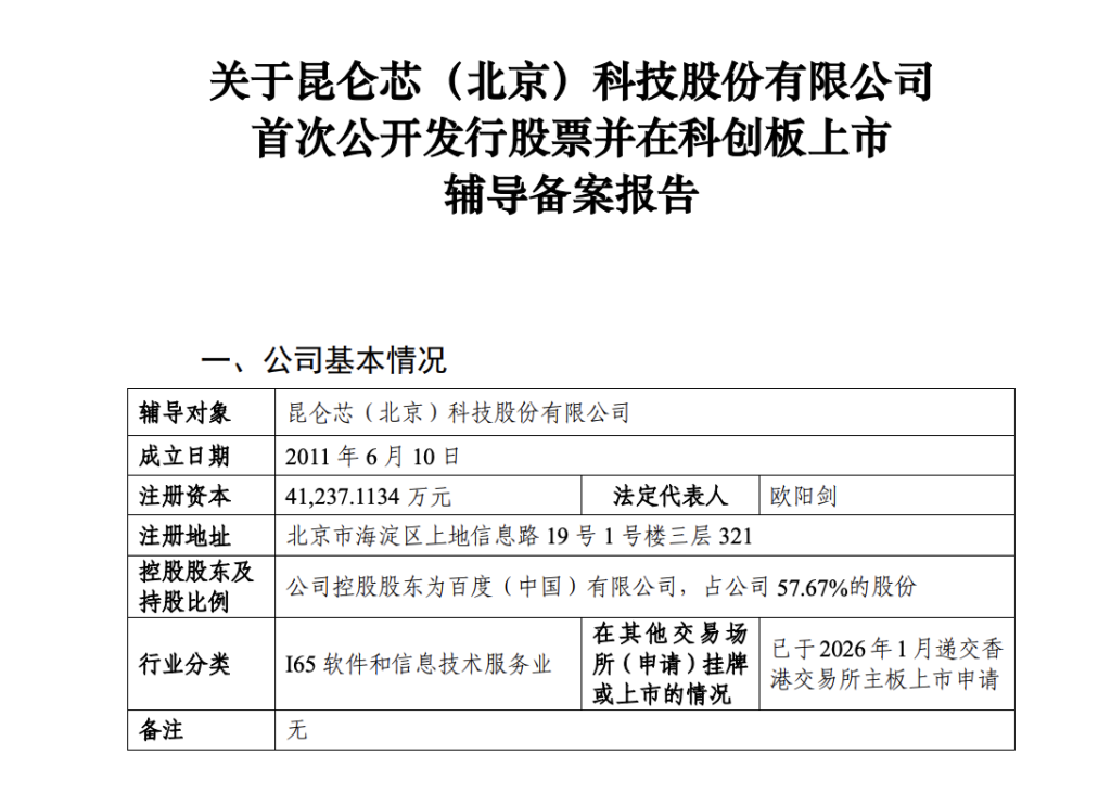 百度昆仑芯启动科创板IPO辅导，仍在正常推动港股上市进程
