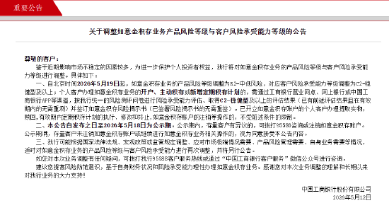 工商银行：如意金积存业务的产品风险等级调整为R2-中低风险