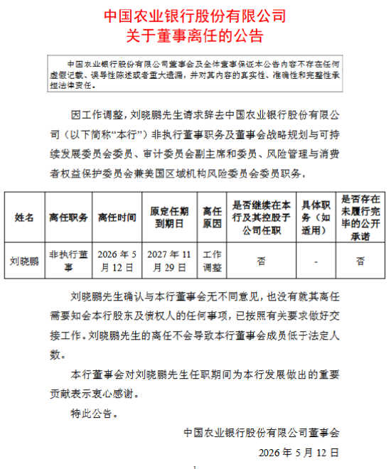 农业银行:刘晓鹏辞任公司董事